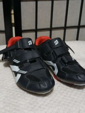 Peloton Black Cycling Shoes with White Accents and Red Interior